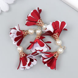 Декор текстиль Цветок 2 с жемчужиной. Бордовый и белый, набор 6 шт., 3 см