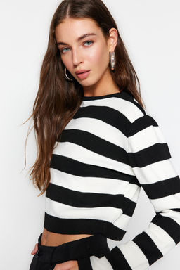 Siyah Crop Basic Cizgili Triko Kazak TWOAW23KZ00034
