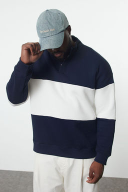 TRENDYOL MAN Lacivert Oversize/Genis Kesim Dik Yaka Renk Bloklu Ici Polar Buyuk Beden Sweatshirt TMNAW25AO00033
