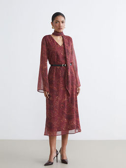 ?al Yaka Desenli ?spanyol Kollu Kemerli Elbise