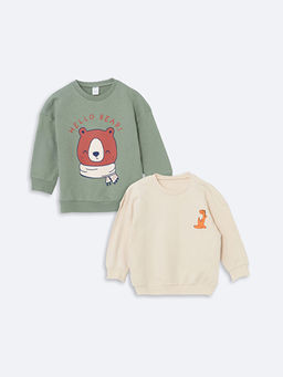 Bisiklet Yaka Bask?l? Erkek Bebek Sweatshirt 2li
