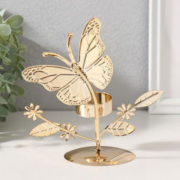 Металлический подсвечник на 1 свечу d=4 см Бабочки в поле, золото, 7.7?14?16 см