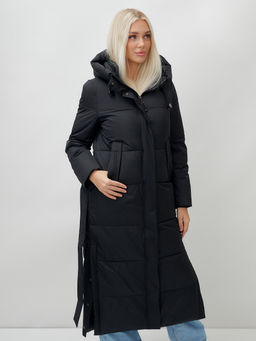 Пальто утепленное стеганное зимнее с капюшоном женское черного цвета 9605Ch