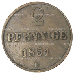 Монета 2 пфеннига 1851 года B Германские государства  Брауншвейг