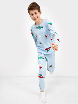Хлопковый комплект (лонгслив и брюки) бледно-голубого цвета с новогодними рисунками