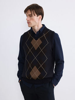 V Yaka Baklava Desenli Erkek Triko Kazak