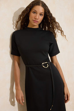 Siyah A-Kesim/Can Form Dik Yaka K?sa Kollu Kemerli Midi Interlok Orme Elbise TWOSS26EL00109 - Trendyolmilla фото 2