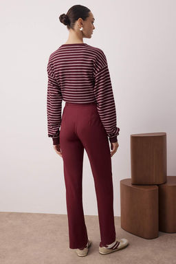 Bordo Straight/Duz Kesim Yuksek Bel Nervur Dikisli Dokuma Pantolon TWOSS21PL0093