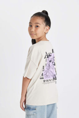 K?z Cocuk Oversize Genis Kal?p Bisiklet Yaka Bask?l? K?sa Kollu Tisort - Defacto фото 3