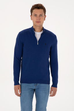 Erkek Slim Fit Yar_m Fermuarl_ _ndigo Basic Kazak