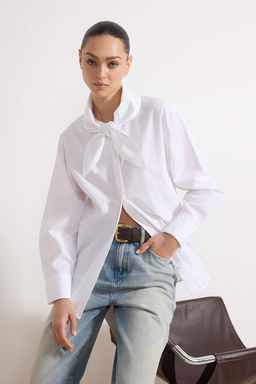 Koyu Kahverengi Pamuklu Yaka Fiyonk Baglamal? Genis Kal?p Poplin Gomlek TWOAW26GO00123 - Trendyolmilla фото 5