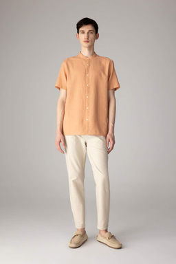 Хлопковая рубашка обычного кроя с воротником-стойкой и короткими рукавами - Defacto фото 2