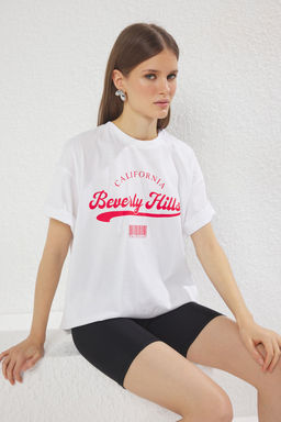 TRENDYOLMILLA Kahverengi Oversize/Genis Kal?p Bask?l? Orme T-Shirt TWOSS25TS00121  фото 3