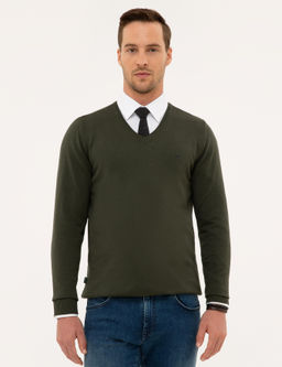 Ye_il Slim Fit V Yaka Basic Triko Kazak