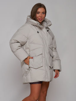 Зимняя женская куртка модная с капюшоном светло-серого цвета 52310SS