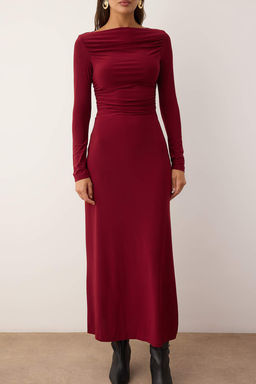 Bordo Duz Buzgu Detayl? Asimetrik Etek Ucu Detayl? Kay?k Yaka Esnek Midi Orme Elbise TWOAW26EL00019 - Trendyolmilla фото 9