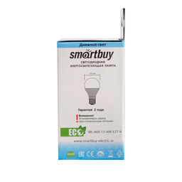 Цена за 2 шт. Лампа cветодиодная Smartbuy, E27, A60, 13 Вт, 4000 К, дневной белый свет