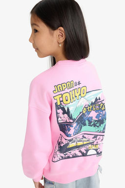 Oversize Geni_ Kal_p Bisiklet Yaka S_rt Bask_l_ __i Yumu_ak T_yl_ Sweatshirt K_z _ocuk