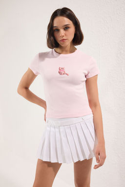 Pembe Pamuklu Kedi Bask?l? Vucuda Oturan Esnek Orme T-Shirt TWOSS25TS00095