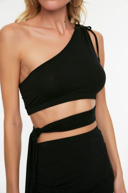 Plaj Giyim Siyah Orme Buzgulu Tek Omuz Bluz-Etek Tak?m TBESS22AU0224