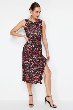 Cok Renkli Animal/Leopar Bask?l? Fitted/Vucuda Oturan Esnek Orme Maxi Kalem Elbise TWOSS24EL00584