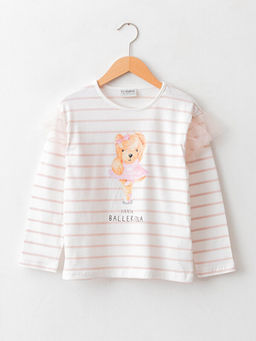 Bisiklet Yaka Bask?l? Uzun Kollu K?z ?ocuk Ti??rt