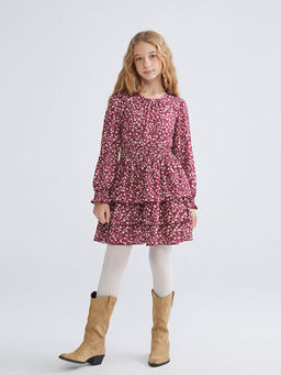 Bisiklet Yaka ?i?ekli K?z ?ocuk Elbise