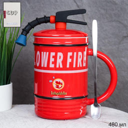 Кружка с крышкой керамической,ложка / 480 мл / Огнетушитель / CO-190 red /уп 60/ красный