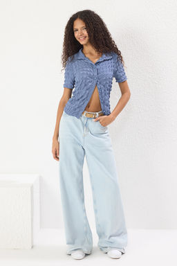 Indigo Dokulu Fitted/Vucuda Oturan K?sa Kollu Esnek Orme Bluz TWOSS24BZ00429