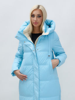 Пальто утепленное стеганное зимнее с капюшоном женское голубого цвета 9625Gl