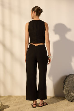 Siyah %100 Keten Y_ksek Bel Cep Detayl_ Straight Pantolon TWOSS26PL00049 - Trendyolmilla фото 4