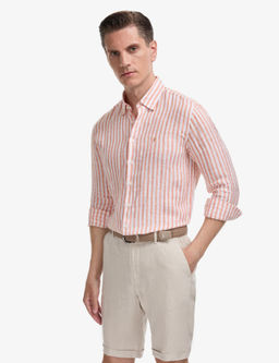 Turuncu Slim Fit %100 Keten Yakas_ D__meli _izgili G_mlek