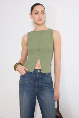 Haki Dugmeli Fitted/Vucuda Oturan Fitilli Esnek Orme Bluz TWOSS24BZ00306