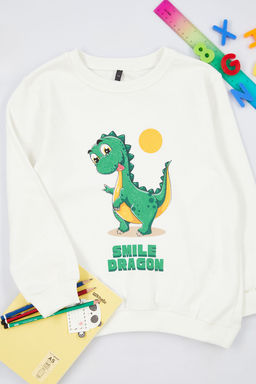 Ekru Erkek Cocuk Mevsimlik-Ince Dinozor Desenli Bisiklet Yaka Orme Sweatshirt TKDAW25SW00005