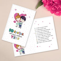 Цена за 10 шт. Открытка на 14 февраля 10 причин, почему я люблю тебя, фактурная бумага ВХИ, 12?18 см