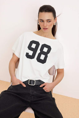 Ekru Slogan Relaxed Asimetrik Yaka Dusuk Kol K?sa Kollu Tok %100 Pamuk Orme Bluz TWOSS26BZ00517 - Trendyolmilla фото 2