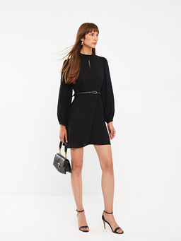 Dik Yaka D?z Uzun Kollu Elbise