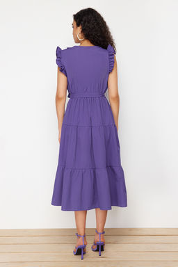 Mor Kusakl? A Kesim Kruvaze Yaka Midi Dokuma Elbise TWOSS24EL00914