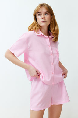 Trendyolmilla Pembe %100 Pamuklu Cep F?rf?r Detayl? Sortlu Dokuma Pijama Tak?m? THMSS24PT00150