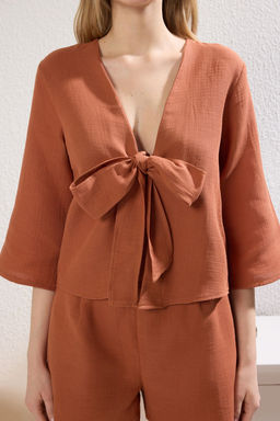 Trendyolmilla Mavi %100 Pamuklu Baglama/Kurdele/Fiyonk Detayl? Muslin Sortlu Dokuma Pijama Tak?m? THMSS24PT00077 фото 24