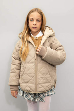 Плюшевое пальто с капюшоном и карманами на двусторонней молнии для девочек - Defacto фото 4