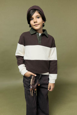 Erkek _ocuk Polo Yaka Renk Bloklu Sweatshirt