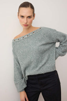 Mint-Gri Kay?k Yaka Yunlu Yumusak Dokulu Kusgozu Detayl? Triko Kazak TWOAW26KZ00273 - Trendyolmilla фото 2