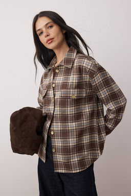 Kahverengi-Cok Renkli Ekose Gold Dugme Detayl? Oversize Gomlek TWOAW26GO00129 - Trendyolmilla фото 2