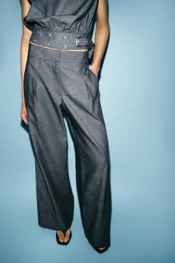 HIGH-WAIST WIDE-LEG LINEN BLEND TROUSERS - Zara фото 2