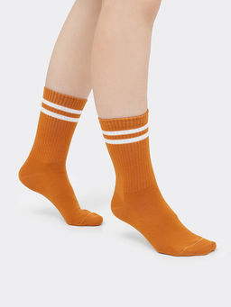 Цена за 5 пар! Женские высокие носки в расцветке кэмел с белыми полосками