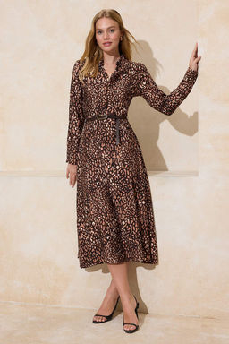 Kahverengi Animal Desen Kemerli Midi Dokuma Gomlek Elbise TWOSS26EL00065