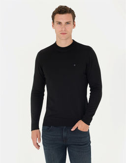 Siyah Slim Fit Yar_m Bal_k__ Yaka Basic Triko Kazak