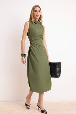 Haki A-Kesim/Can Form Asimetrik Kolsuz Buzgulu Midi Paper Touch Orme Elbise TWOSS26EL00156