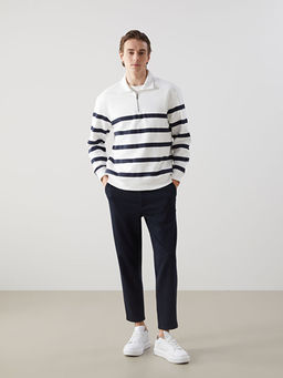 Polo Yaka Uzun Kollu ?izgili Erkek Sweatshirt